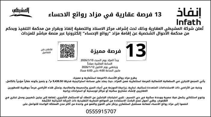 إعلان عن 13 فرصة عقارية 