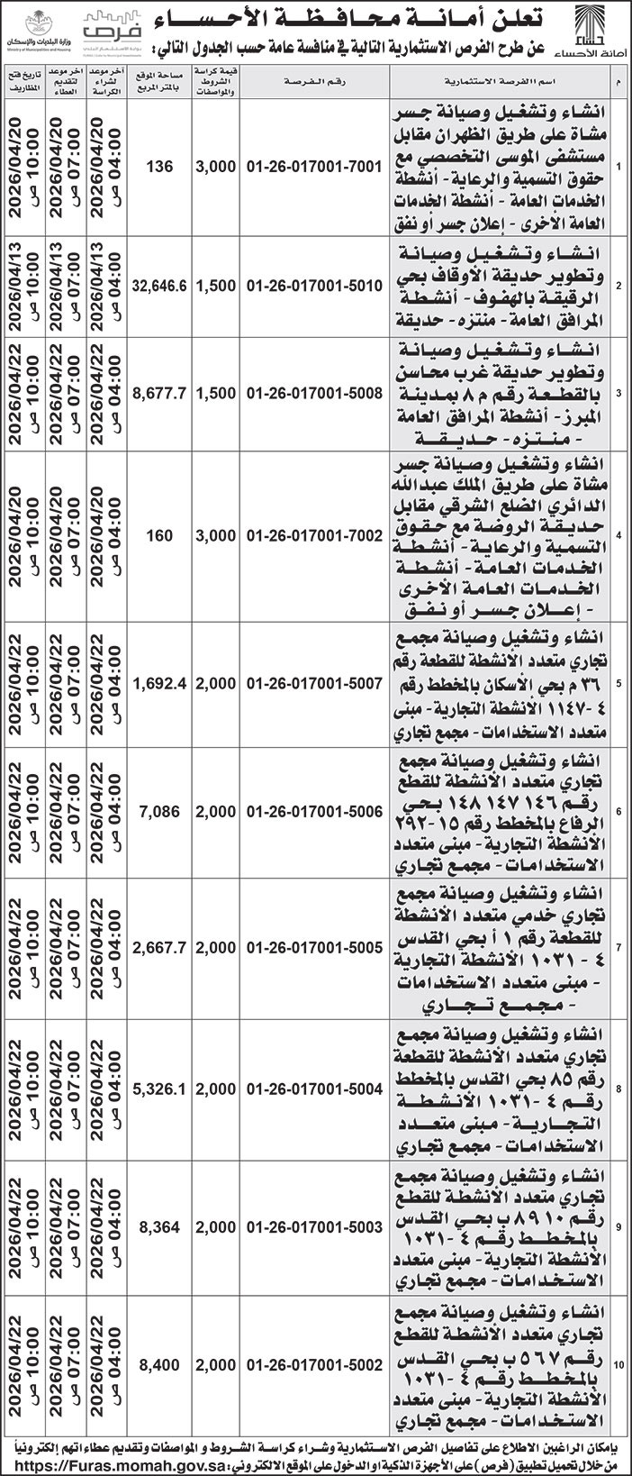 إعلان أمانة محافظة الأحساء 