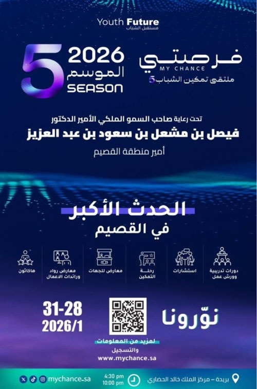 انطلاق ملتقى «فرصتي 5» لتعزيز وتمكين الشباب بالقصيم 