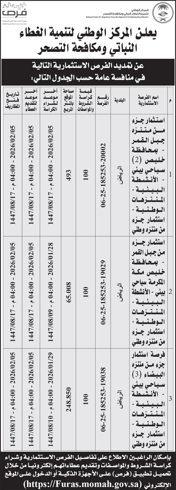 إعلان المركز الوطنية لتنمية الغطاء النباتي ومكافحة التصحر 
