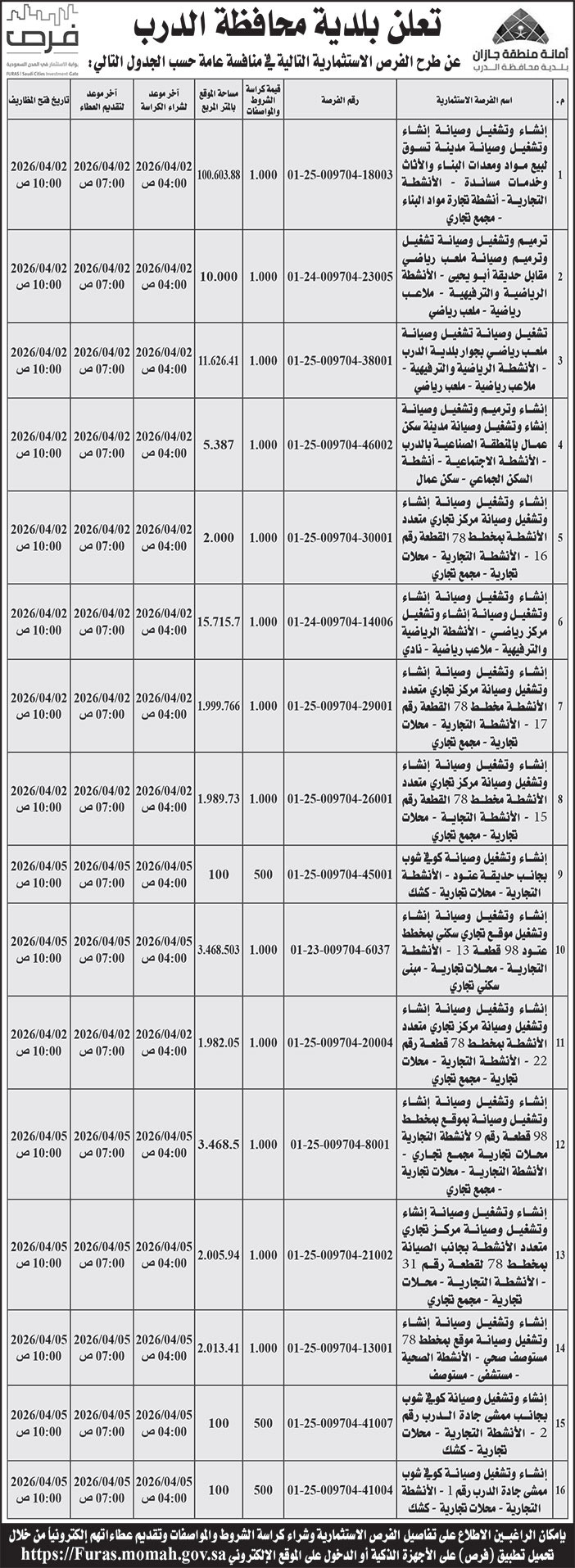 إعلان بلدية محافظة الدرب 
