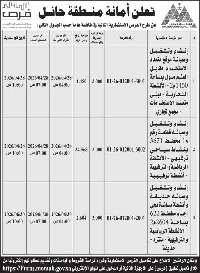 إعلان أمانة منطقة حائل 