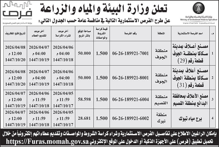 إعلان وزارة البيئة والمياه والزراعة 