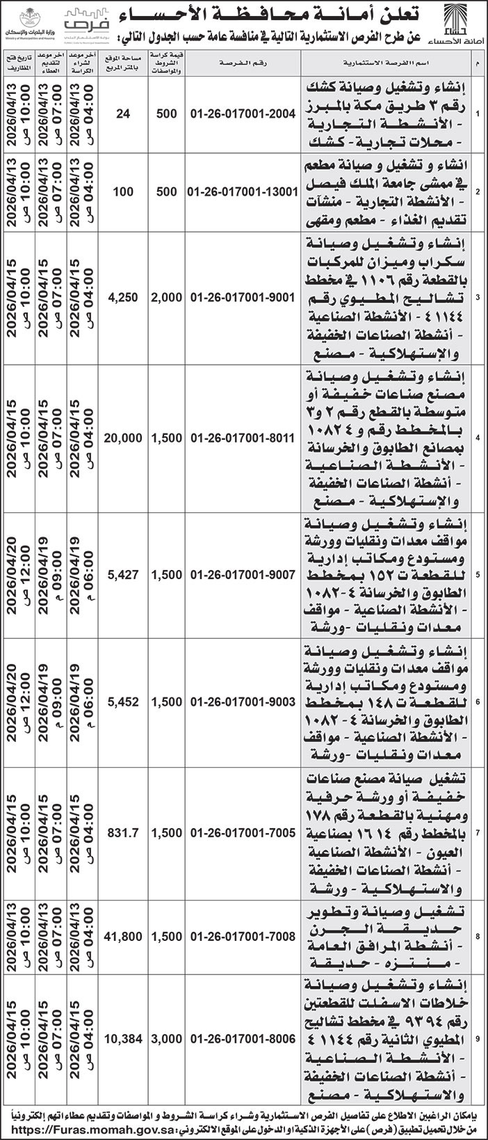 إعلان أمانة محافظة الأحساء 