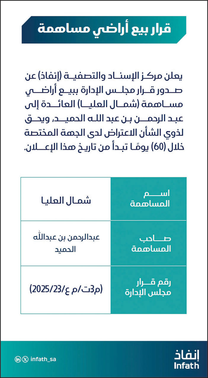 إعلان قرار بيع أراضي مساهمة 