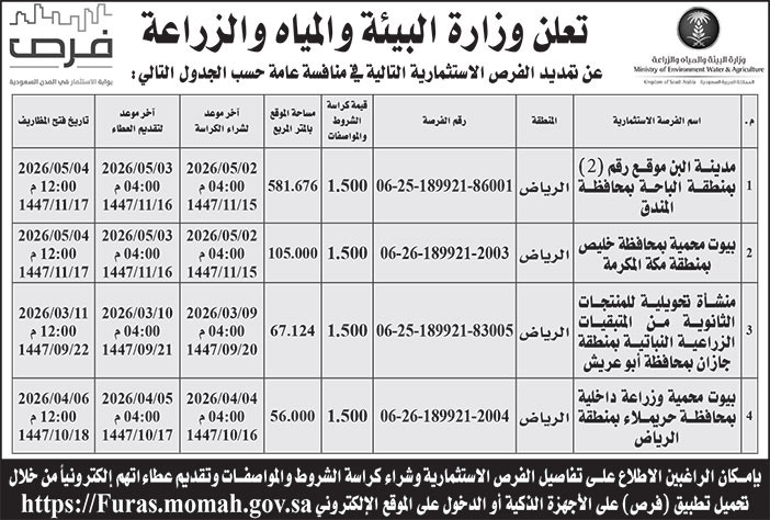 إعلان وزارة البيئة والمياه والزراعة 