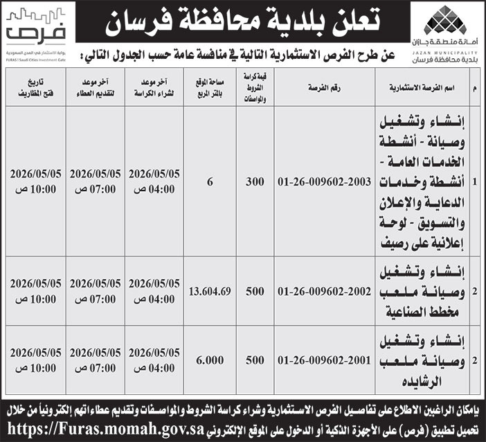 إعلان بلدية محافظة فرسان 