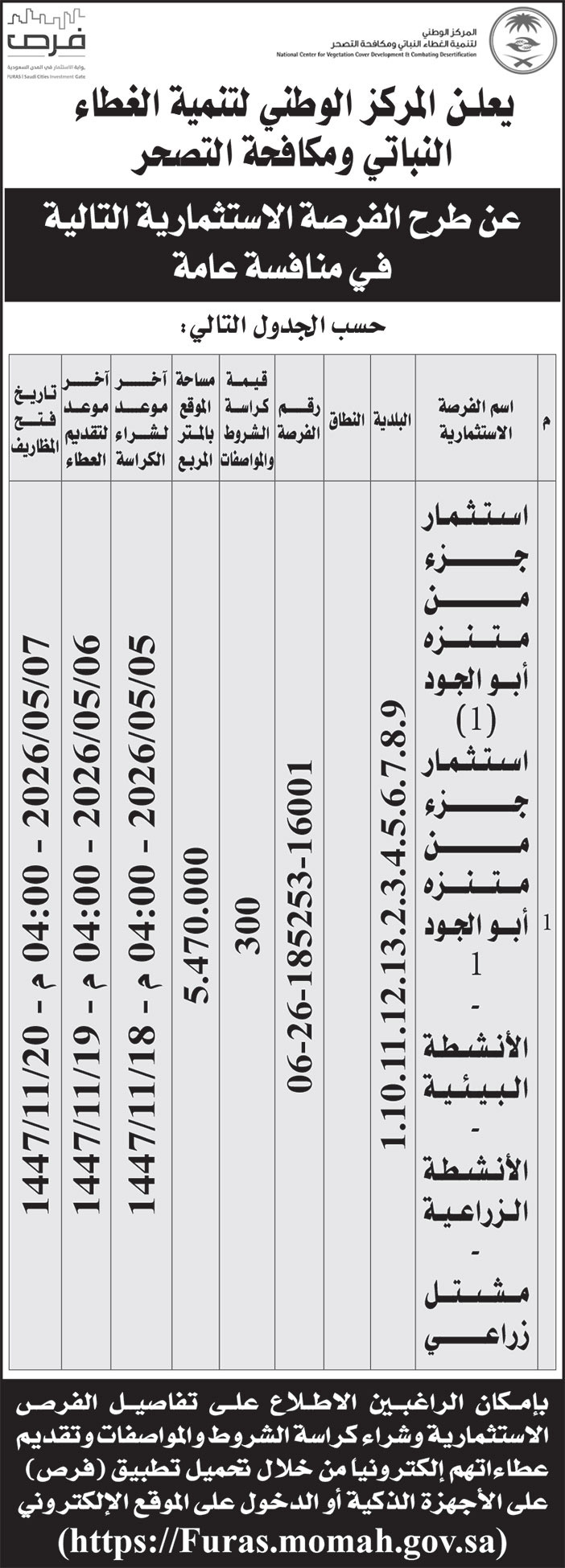 إعلان المركز الوطني لتنمية الغطاء النباتي ومكافحة التصحر 