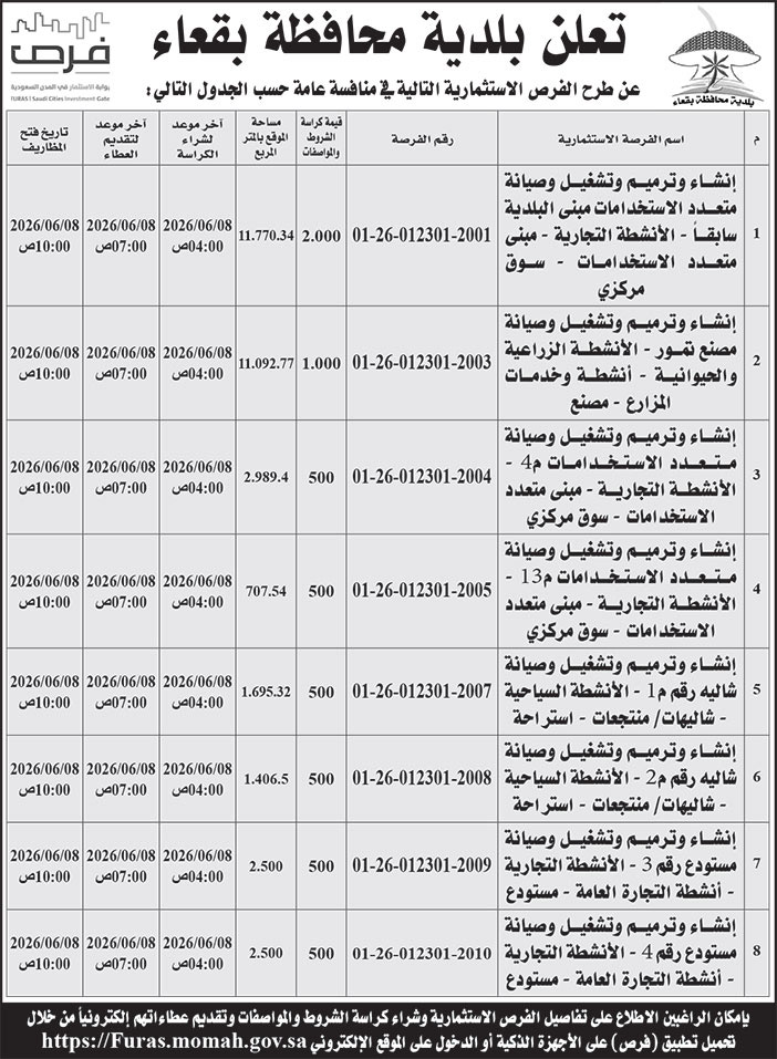 إعلان بلدية محافظة بقعاء 